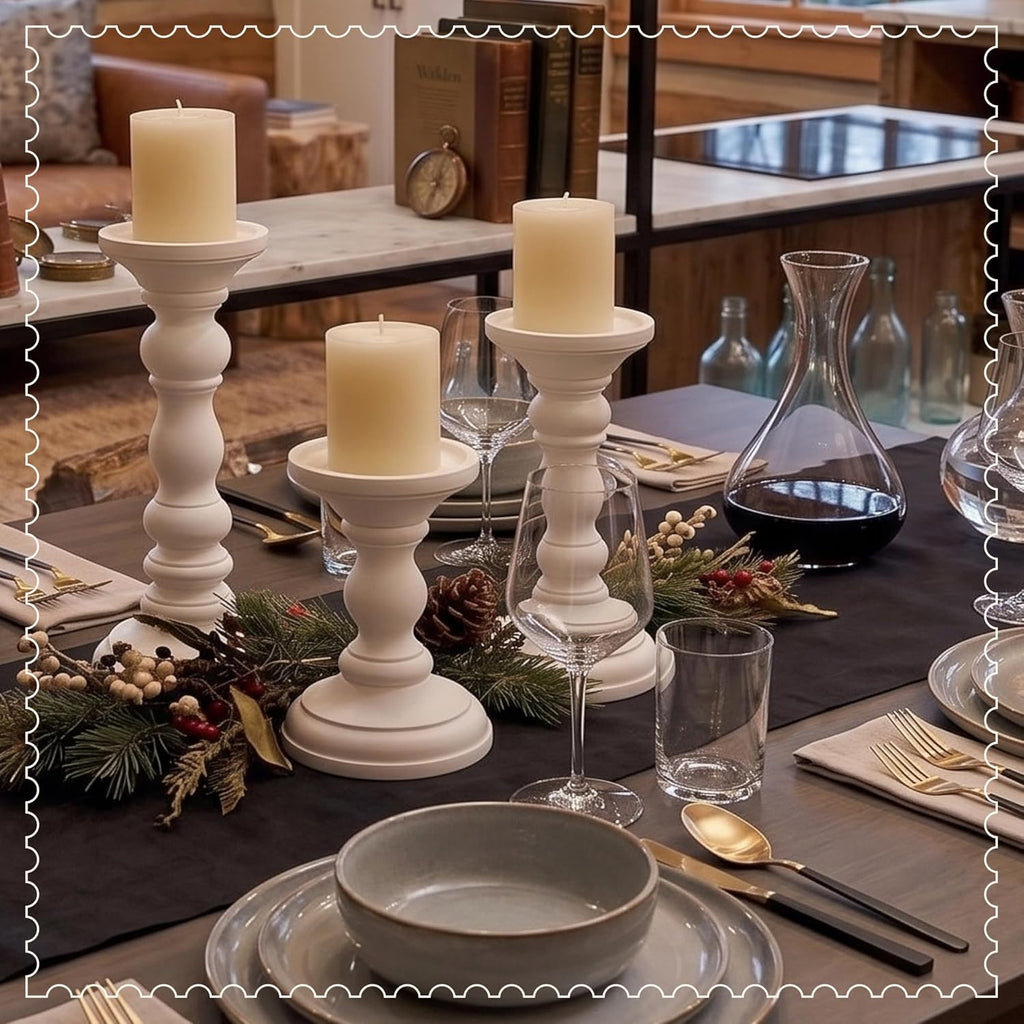 Willow Mango Wood Candle Holders - Matte White, Set of 3 | 6", 9" and 12" Hand-Carved Candle Holders for Table, Mantel and Living Room Décor Featuring Detailed Artisan Styling.