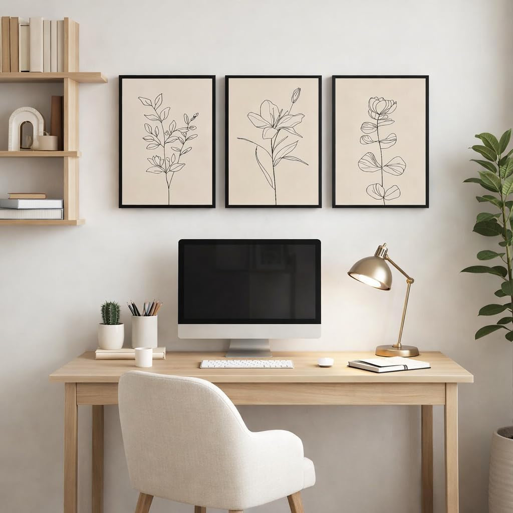 Minimalist Botanical Framed Wall Art, 3 Piece Set, 16X24 Inch | Soft Beige Palette • Delicate Linear Detail • Coordinated Gallery Look • Versatile Accent for Bedroom or Office