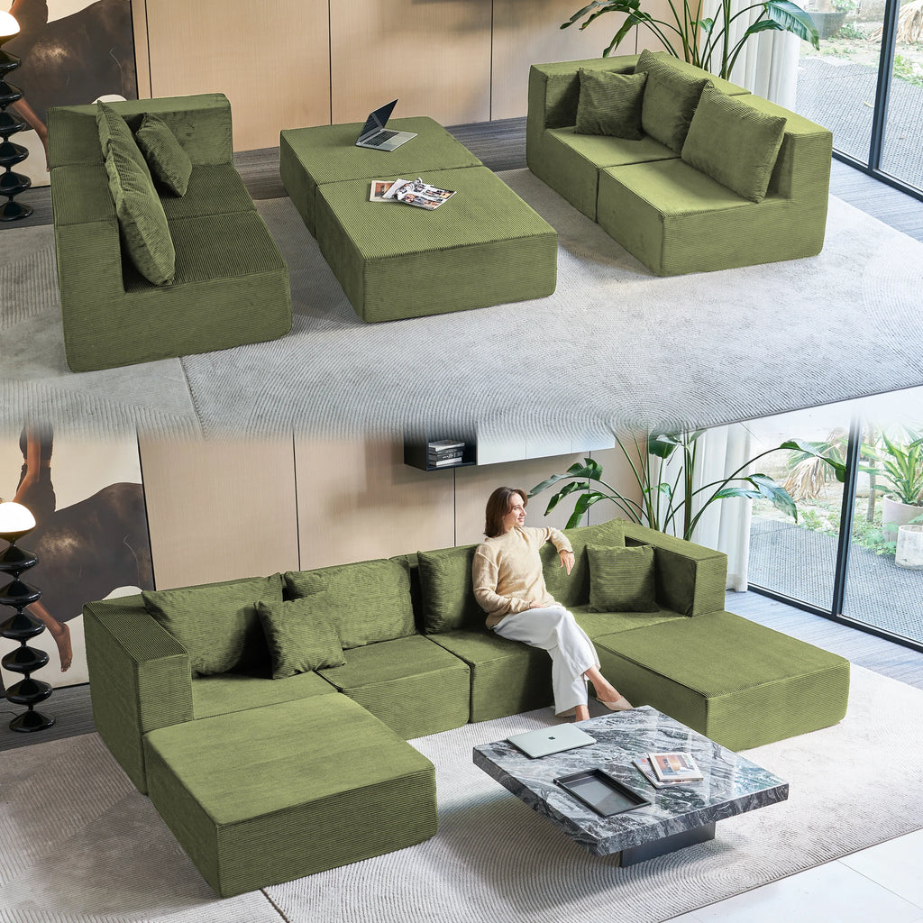140" Modular Sectional Sofa Couches Corduroy Sleeper Deep Seat Sofa Bed, Comfy Cloud Couch for Living Room Floor Sofa, 6 Piece F