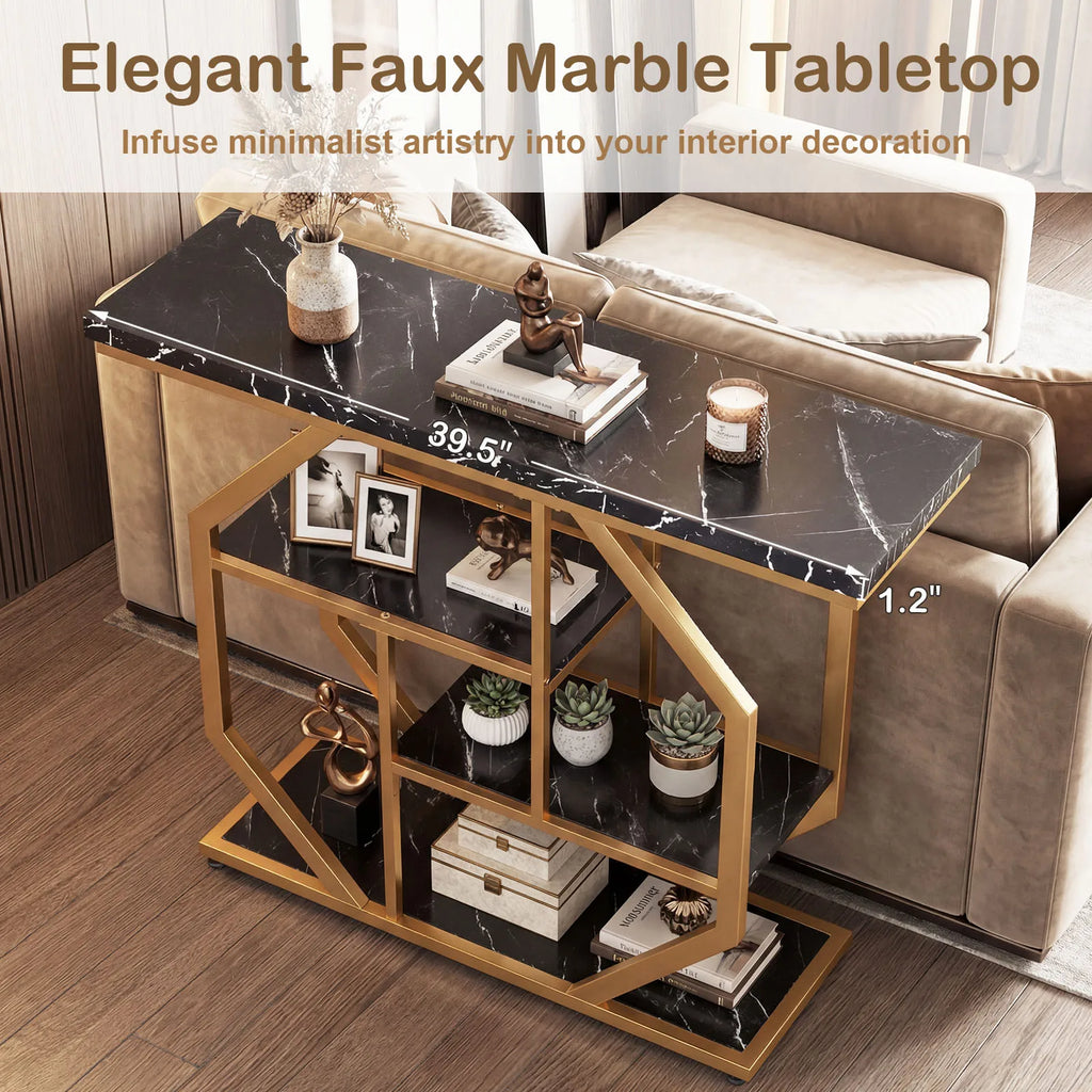 40” Console Table W/ Storage Shelves, Geometric Metal Frame for Hallway, Entrance
