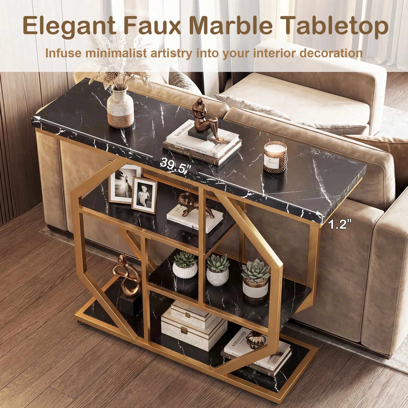 40” Console Table W/ Storage Shelves, Geometric Metal Frame for Hallway, Entrance