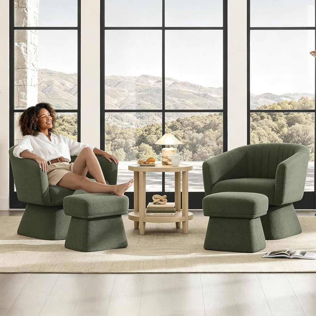 Swivel Accent Chair with Ottoman, Upholstered Barrel Accent Chair, Modern Accent Chair with Pleated Backrest and Arms, Boucle Armchair for Living Room Bedroom, Green