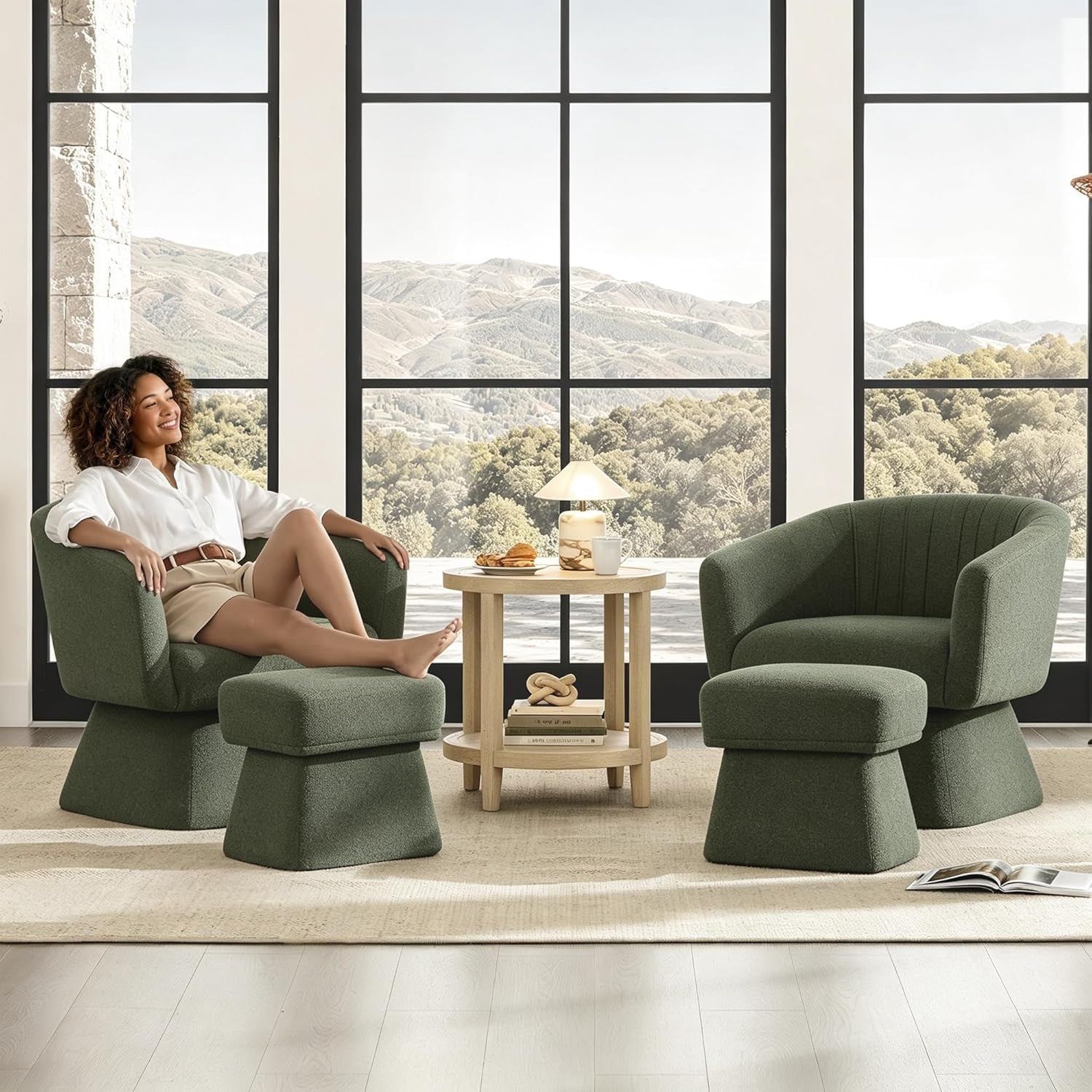 Swivel Accent Chair with Ottoman, Upholstered Barrel Accent Chair, Modern Accent Chair with Pleated Backrest and Arms, Boucle Armchair for Living Room Bedroom, Green