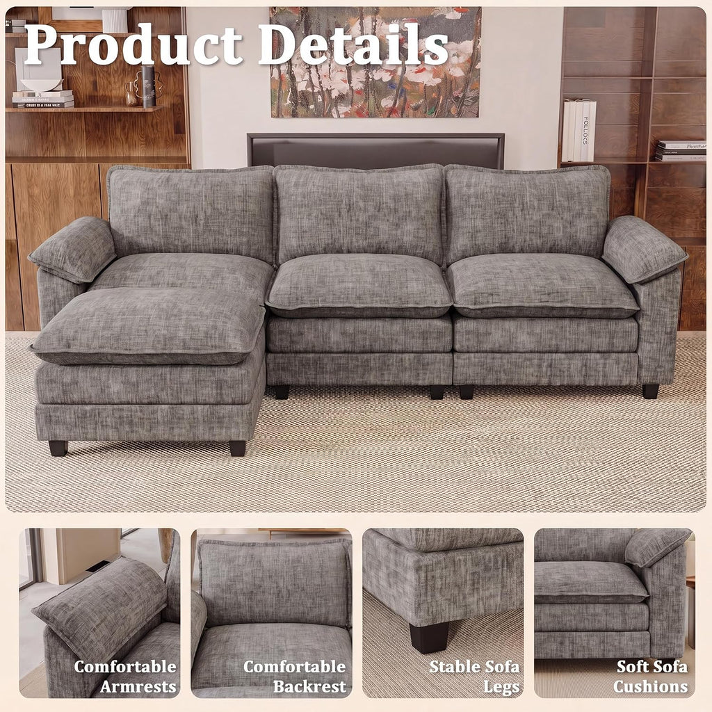 118.9" L Shaped Sectional Couch, Modular Cloud Sofa, Light Grey | Comfy Chenille, Movable Ottoman, Deep Seat, Double Layer Cushion, 3 Seat, High-Density Foam, for Living Room