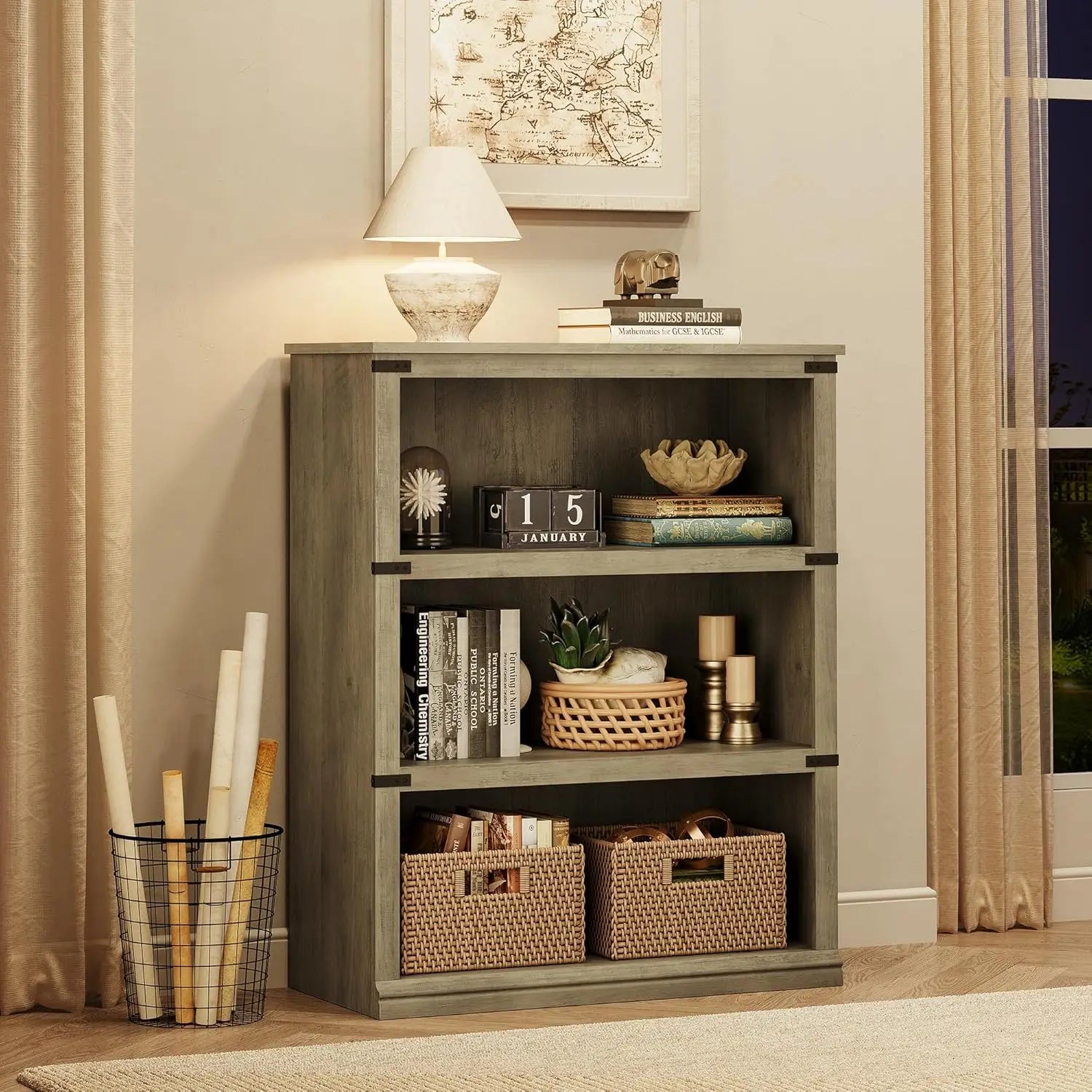 Farmhouse 3 Tier Open Bookcase - Tall Wood Bookshelf, Living Room Bedroom | Farmhouse 3-Tier Tall Open Bookcase - Sturdy 30" Wide Wood Bookshelf Display Shelves for Home Office Living Room Bedroom