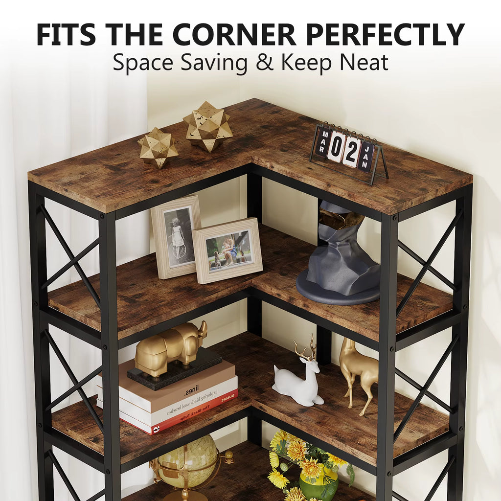 Seven tier corner bookshelf with metal frame