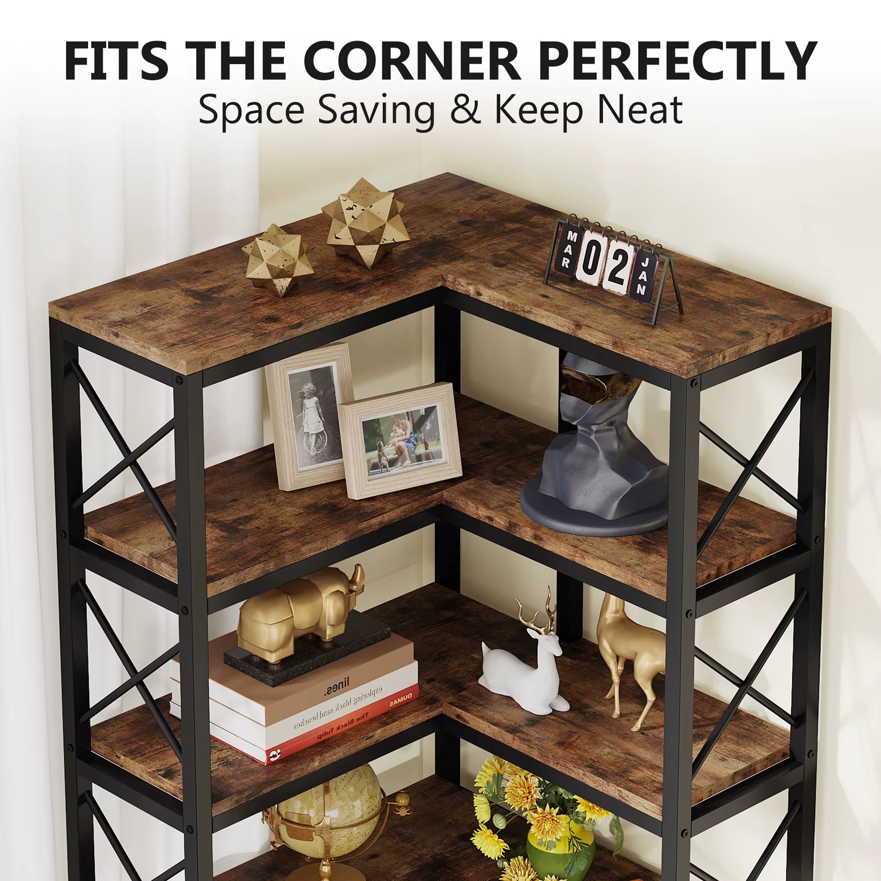 Seven tier corner bookshelf with metal frame