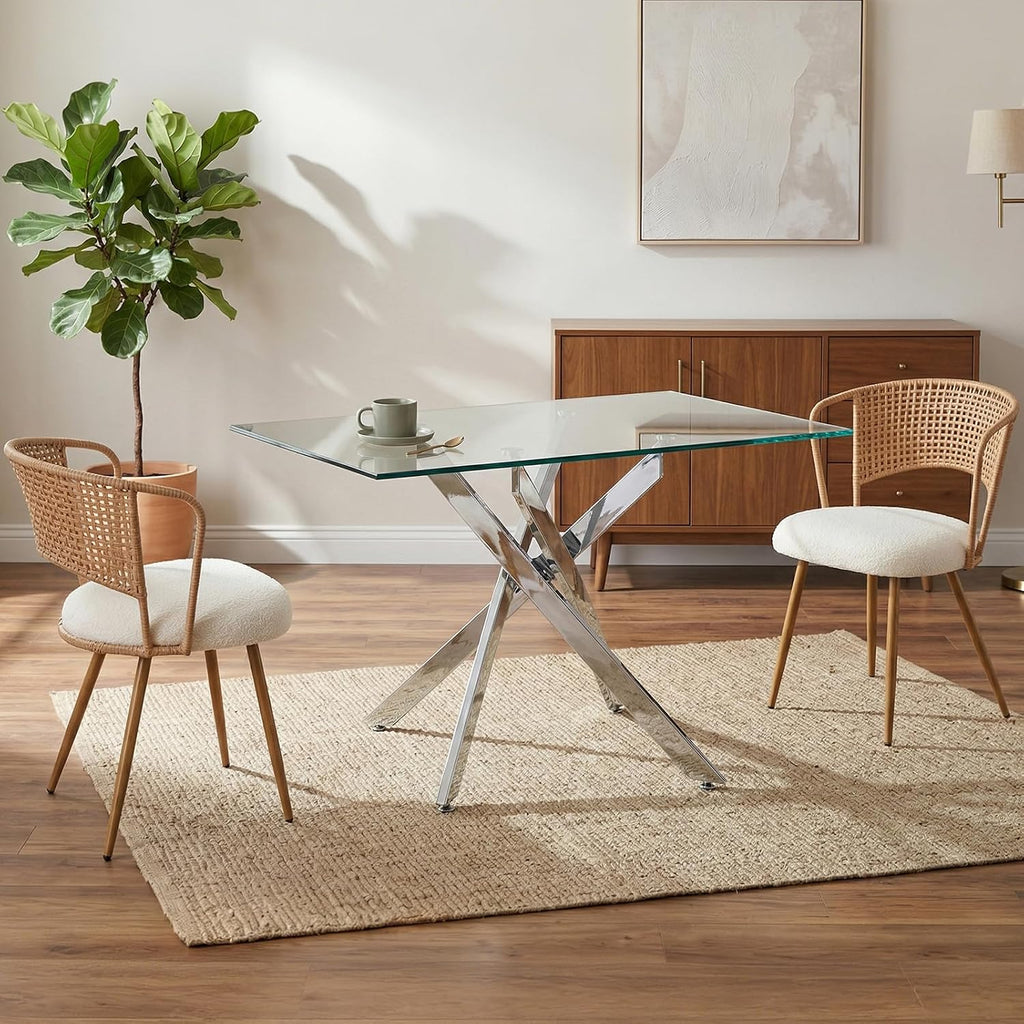 Wicker Dining Chairs Set of 4, Farmhouse Cane Back Kitchen Chairs with Upholstered Cushion, Wingback Rattan Dining Chair with Metal Legs & Adjustable Feet, Modern Dining Room Chairs, Brown