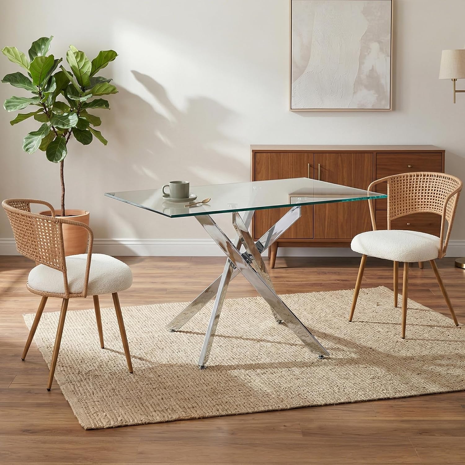 Wicker Dining Chairs Set of 4, Farmhouse Cane Back Kitchen Chairs with Upholstered Cushion, Wingback Rattan Dining Chair with Metal Legs & Adjustable Feet, Modern Dining Room Chairs, Brown