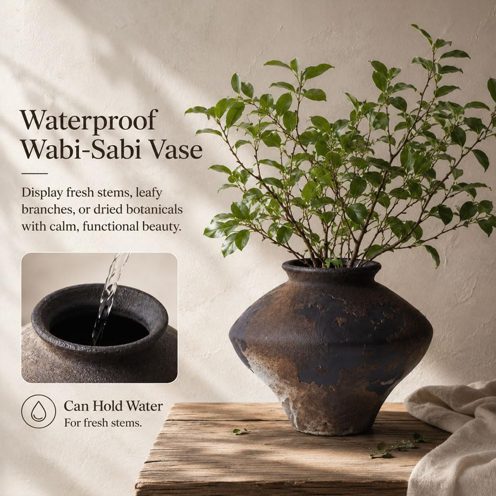 Wabi Sabi Rusty Vintage Vase, 6.3" Tall Wabi Sabi Decor Rustic Farmhouse Pottery Vase for Centerpiece, Textured Pottery Flower Vases for Home Decorative, Table, Living Room, Bedroom, Bathroom, Kitchen