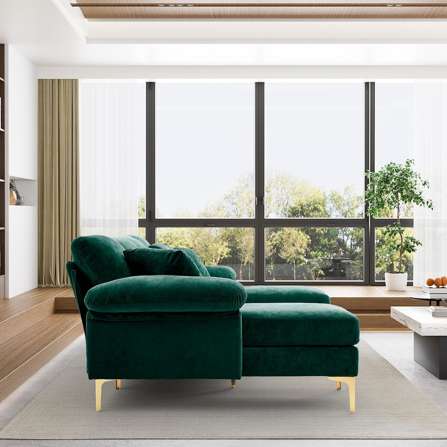 U-Shaped Sectional Sofa Couch, 4 Seat Sofa Set for Living Room, Convertible L-Shaped Velvet Couch Set with Chaise Lounge, Ottoman and Pillows,114 Inches (Emerald Green)
