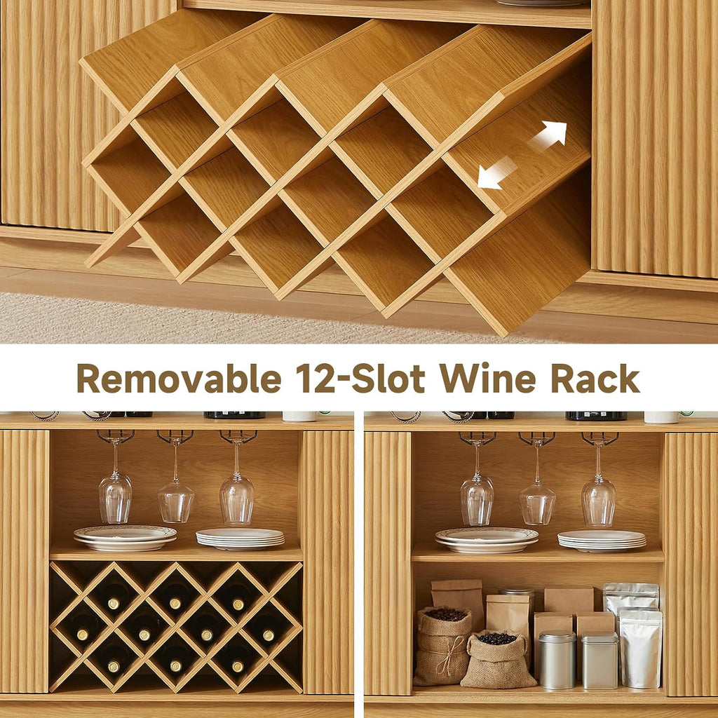 Fluted Wine Bar Cabinet with Storage, 58" Buffet Sideboard Cabinet Sideboard with Wine Rack & Glass Holder, Farmhouse Wine and Coffee Bar Cabinet for Living Room, Kitchen, Natural Color