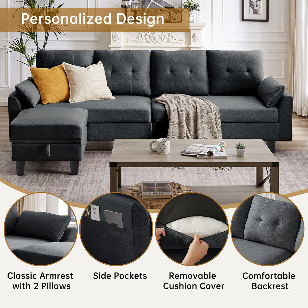 Modern Sectional Sofa with Reversible Chaise, Adjustable Backrest & Armrest, 4-Seat Convertible Couch