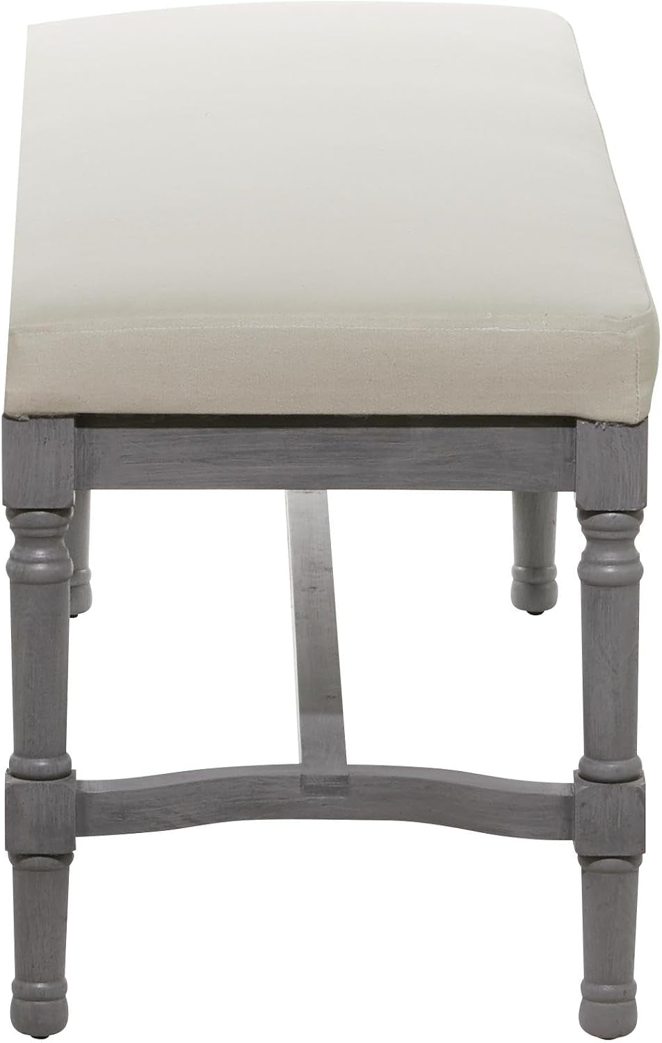 Grey wood entryway bench with burlap seat