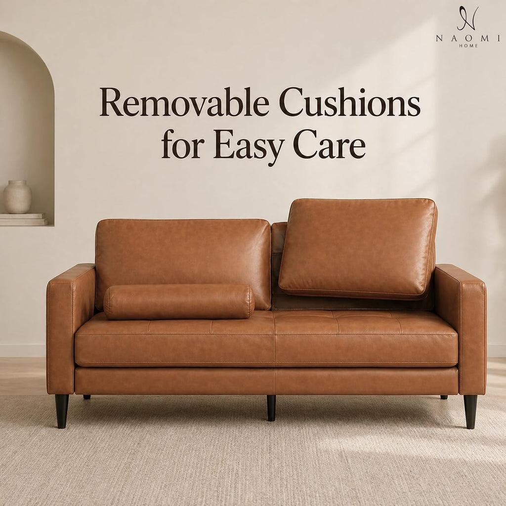 Marisa Genuine Leather Mid-Century Modern Sofa, Tan | Removable Cushions, Matching Bolster Pillows, Plush Foam Comfort, Sturdy Hardwood Frame, Spacious 3-Seater Seating