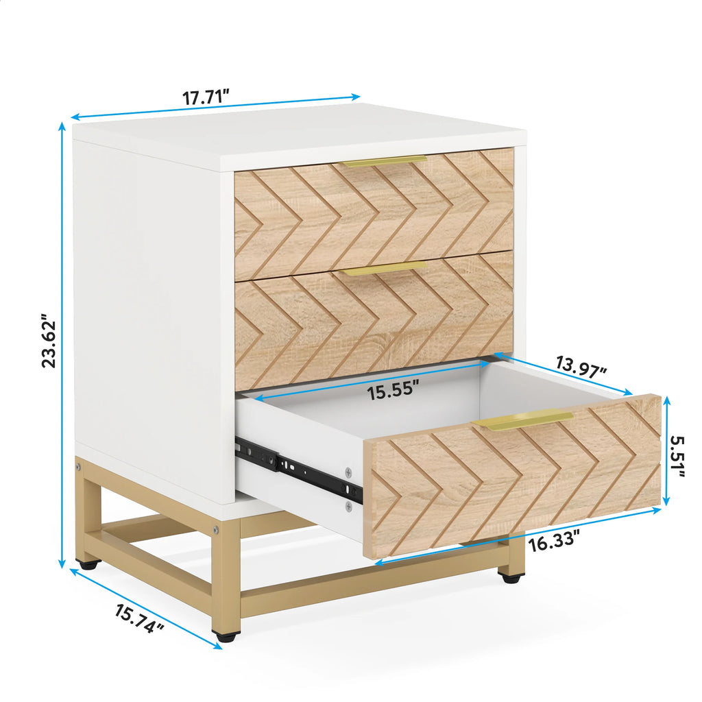 3 Drawers Nightstand Set of 2, Modern Bedside Table with Unique Chevron Design, White End Side Table Night Stands