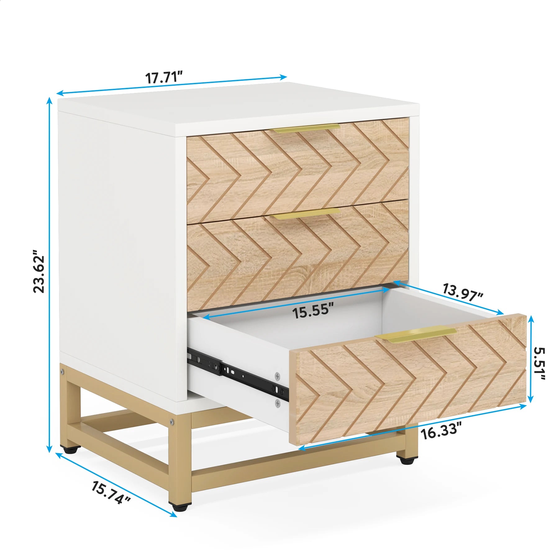 3 Drawers Nightstand Set of 2, Modern Bedside Table with Unique Chevron Design, White End Side Table Night Stands