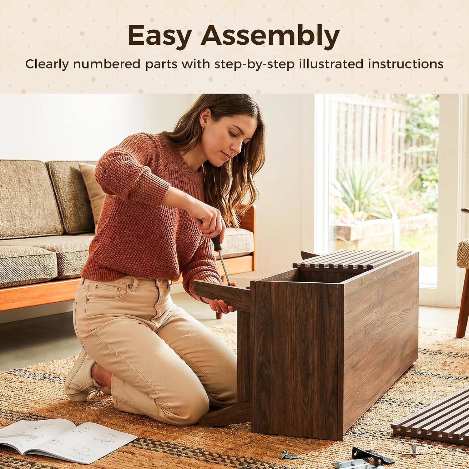59" TV Stand, Media Console for Tvs up to 65", Walnut | Mid-Century Modern Design, Fluted Sliding Doors, Storage Cabinets, Cable Management, Media Console for Living Room, Bedroom