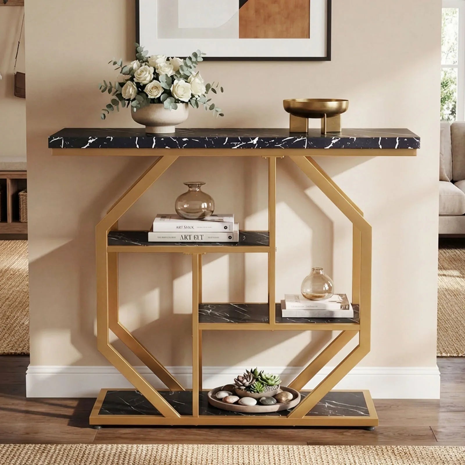 40” Console Table W/ Storage Shelves, Geometric Metal Frame for Hallway, Entrance