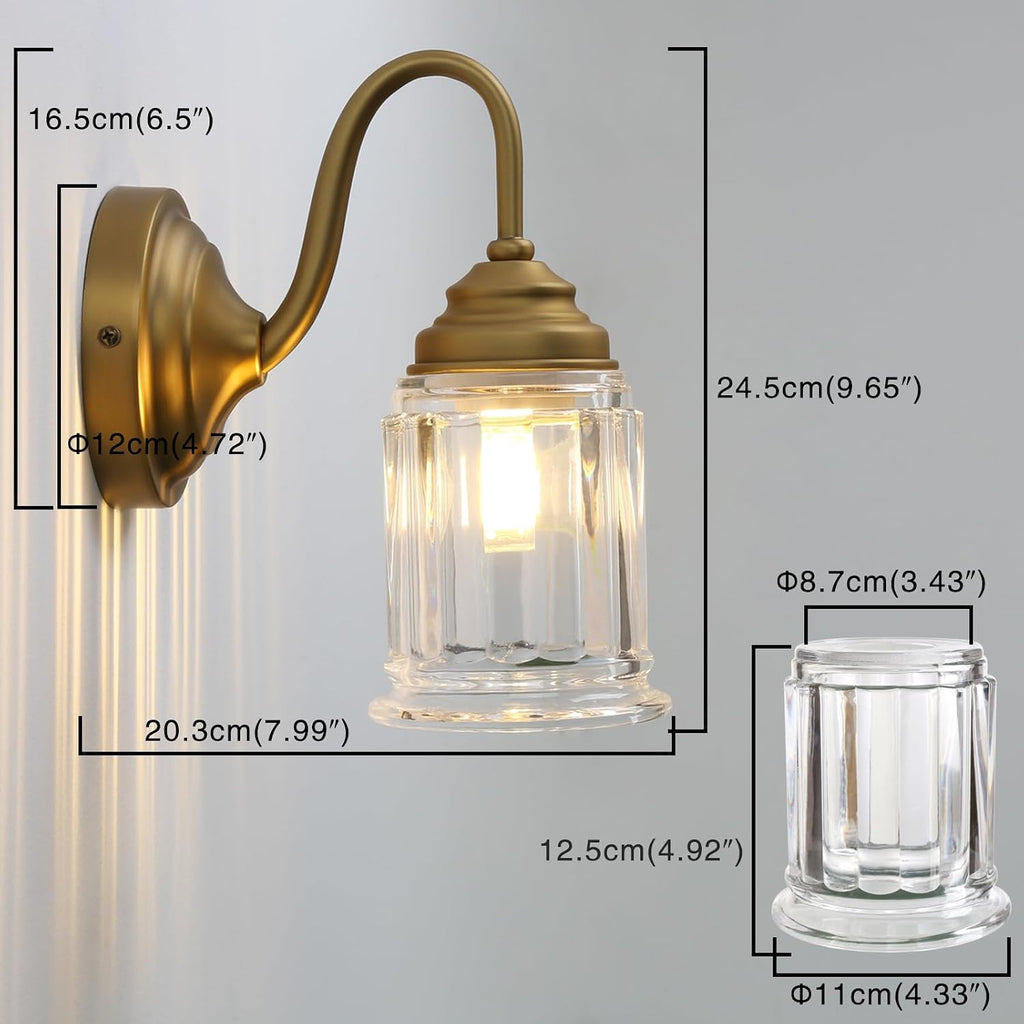 Vintage Wall Sconce with Clear Bell-Shaped Glass Shade Antique Gold Bathroom Sconce Wall Mount Light for Livingroom Bedroom,Hardwired,E26 Base