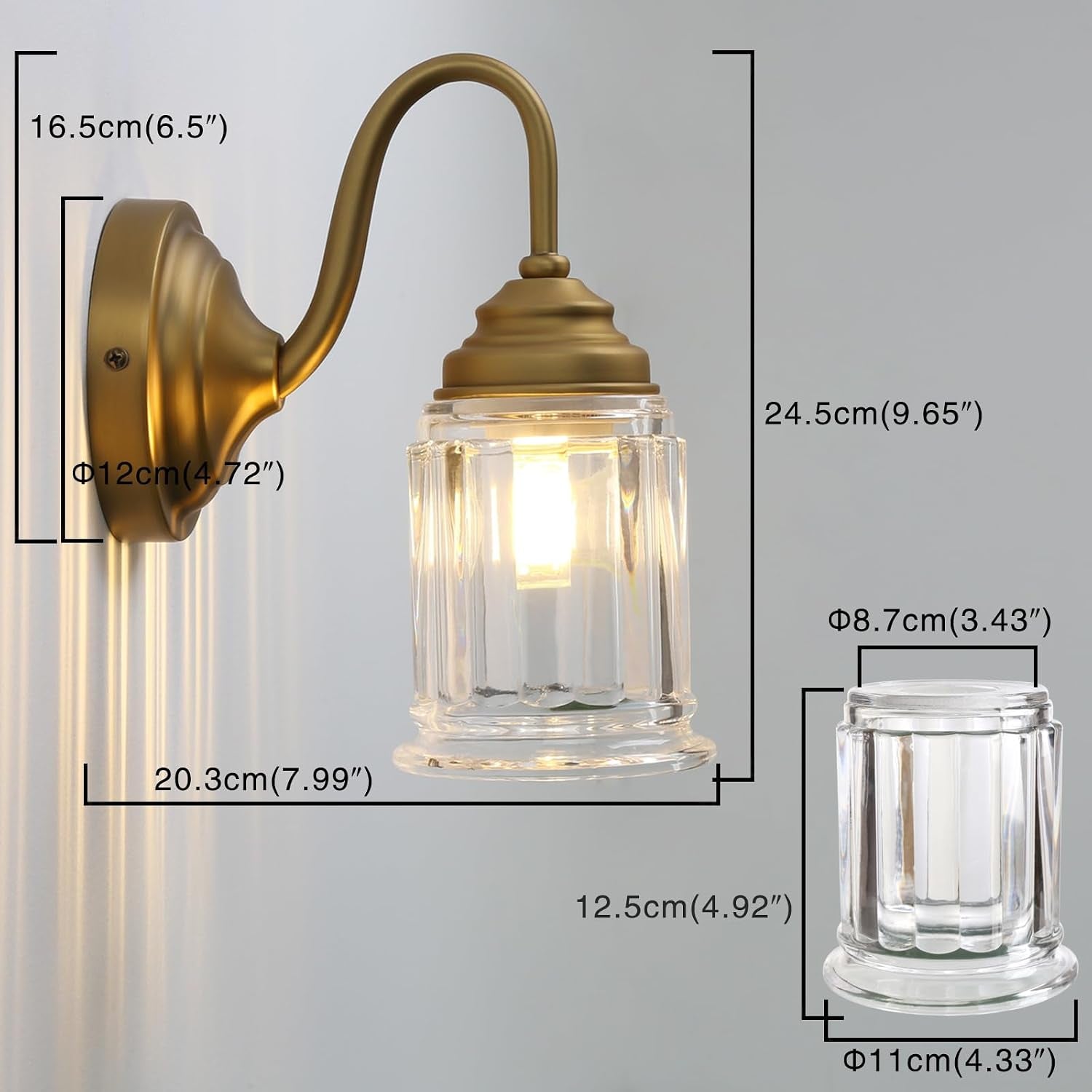 Vintage Wall Sconce with Clear Bell-Shaped Glass Shade Antique Gold Bathroom Sconce Wall Mount Light for Livingroom Bedroom,Hardwired,E26 Base