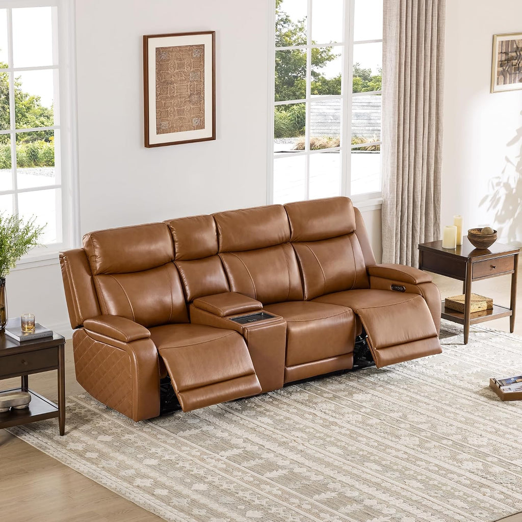 Zero Gravity Power Reclining Sofa with Console, Saddle | Genuine Leather Recliner Sofa, 3-Seater Couch, Flip-Middle Table, Storage Console, Power Headrests, Cup Holders, Living Room