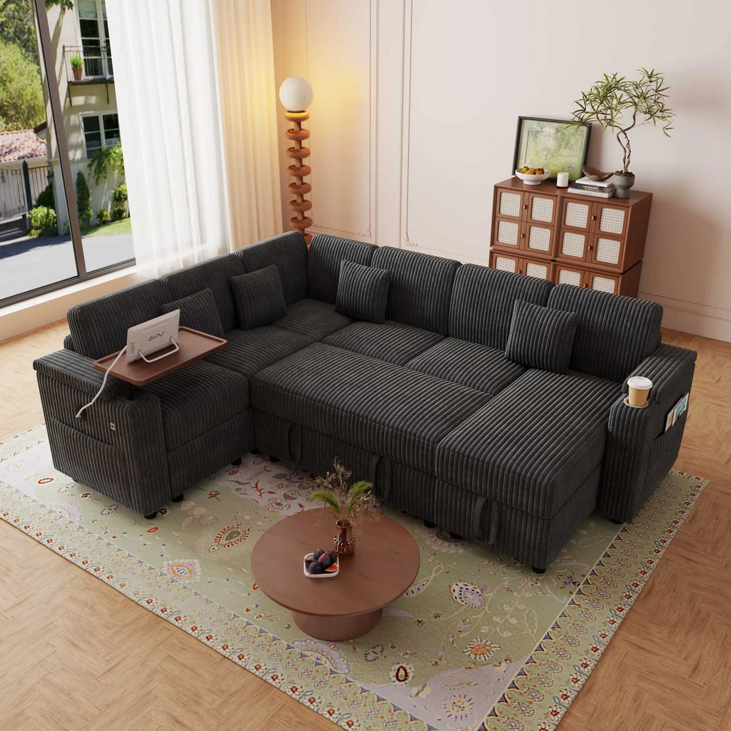 Dark gray corduroy U shaped sleeper sectional