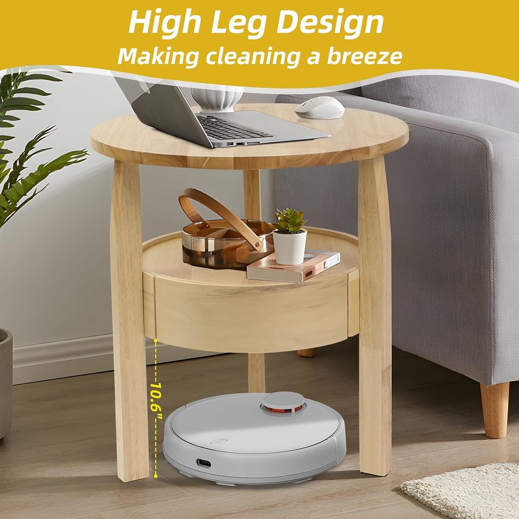 Round Coffee Table with Storage and Hidden Drawer - 20" D X 20" H Natural Wood Side Table with Sliding Drawer, Mid Century Modern Coffee Table, Small Coffee Table for Living Room, Natural Wood Color