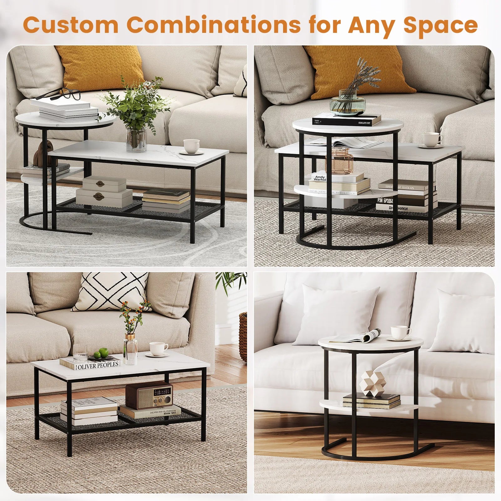 Coffee Table Set of 2, 2-Tier Coffee Table and Side End Table W/ Storage Shelves