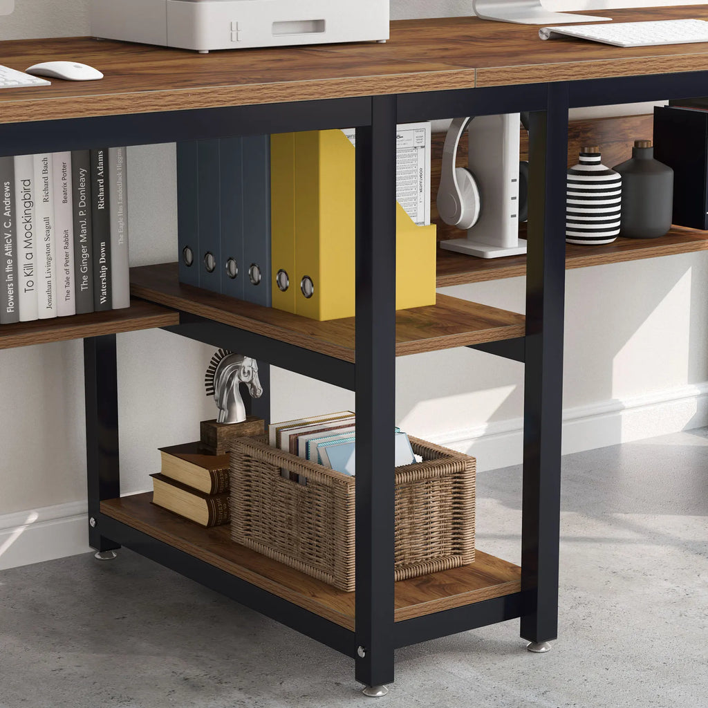 Two Person Desk with Bookshelf, 78.7 Computer Office Double Desk for Two Person, Rustic Writing Desk Workstation