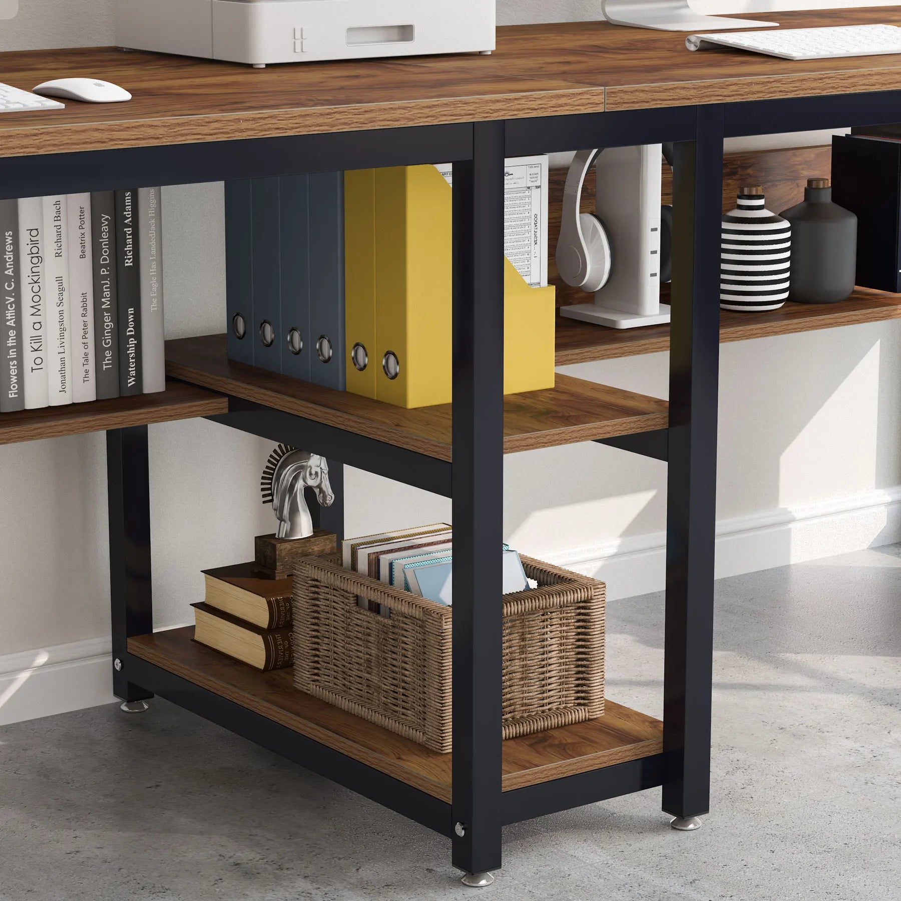 Two Person Desk with Bookshelf, 78.7 Computer Office Double Desk for Two Person, Rustic Writing Desk Workstation