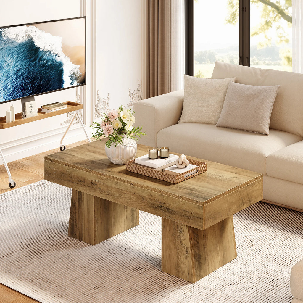 Vintage Coffee Table, 120Cm Wooden Accent Center Tables with Thick Base, Modern Low Cocktail Tea Furniture For