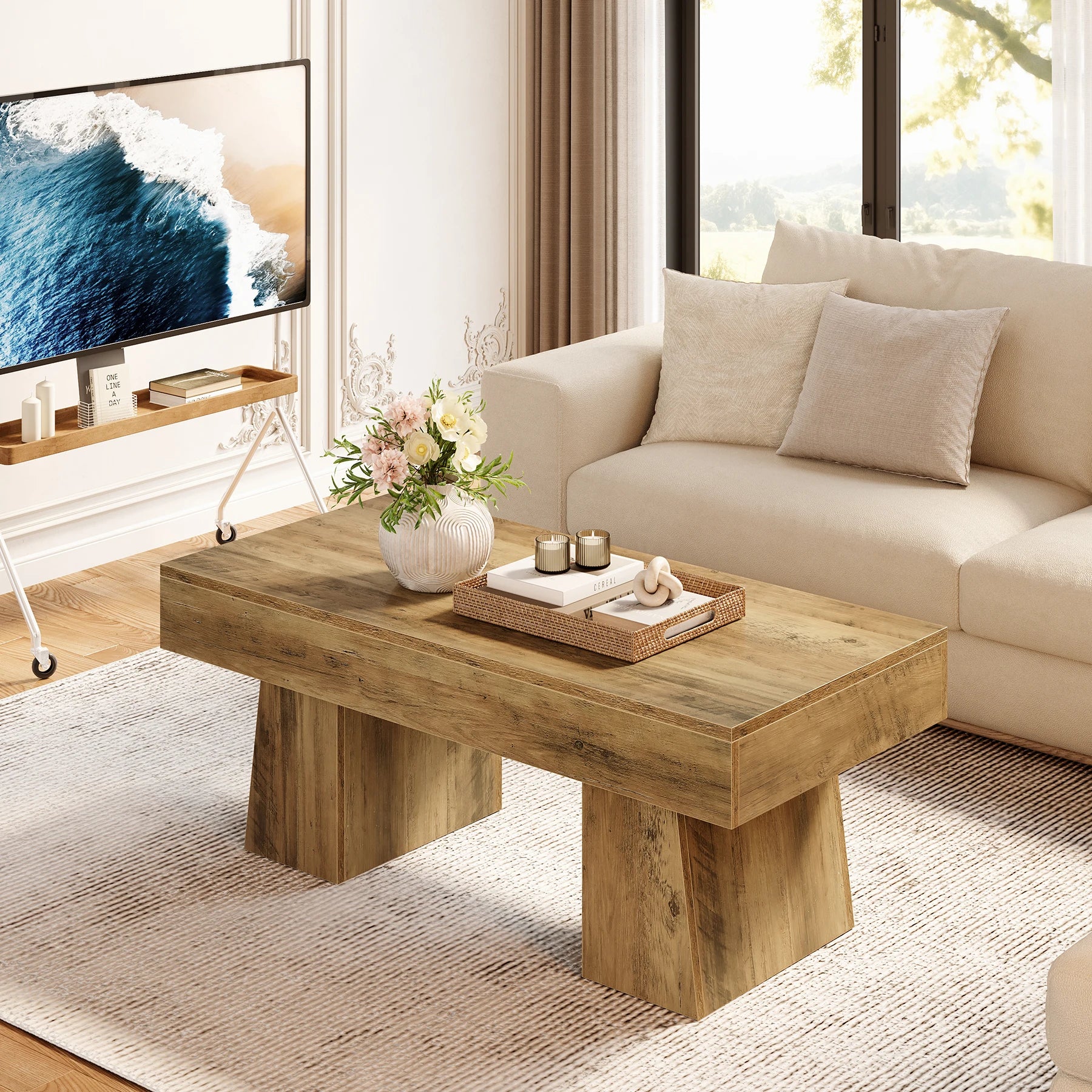 Vintage Coffee Table, 120Cm Wooden Accent Center Tables with Thick Base, Modern Low Cocktail Tea Furniture For