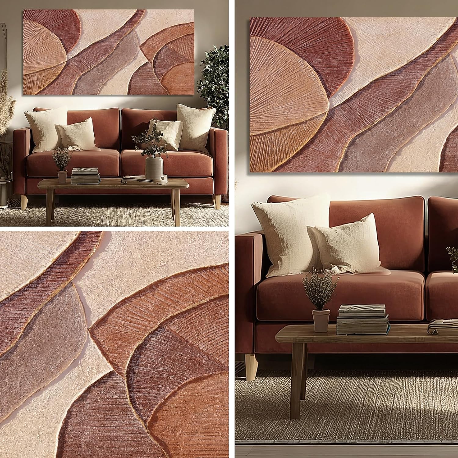 Brown Beige Abstract Wall Art, Hand Painted Oil Painting for Office, Large Textured Horizontal Wall Decor for Living Room Bedroom, 24X48 Inch