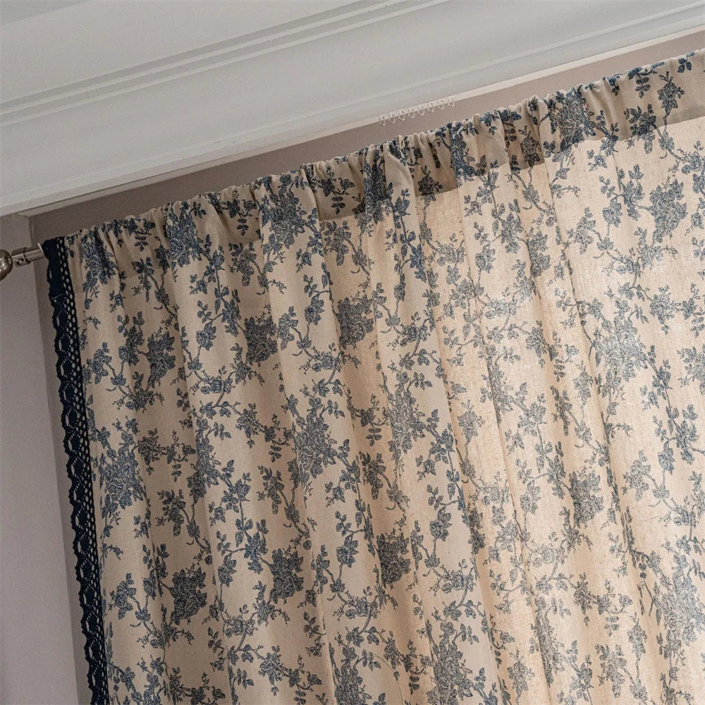 Flower Curtains for Living Room Bedroom Lace Trim Linen Curtains Farmhouse Window Drapes for Lounge Room Home Decor