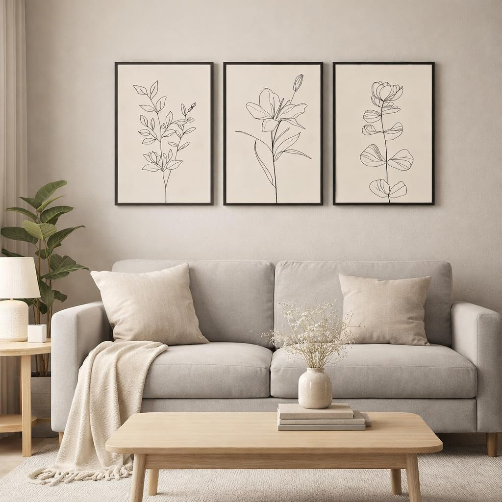 Minimalist Botanical Framed Wall Art, 3 Piece Set, 16X24 Inch | Soft Beige Palette • Delicate Linear Detail • Coordinated Gallery Look • Versatile Accent for Bedroom or Office