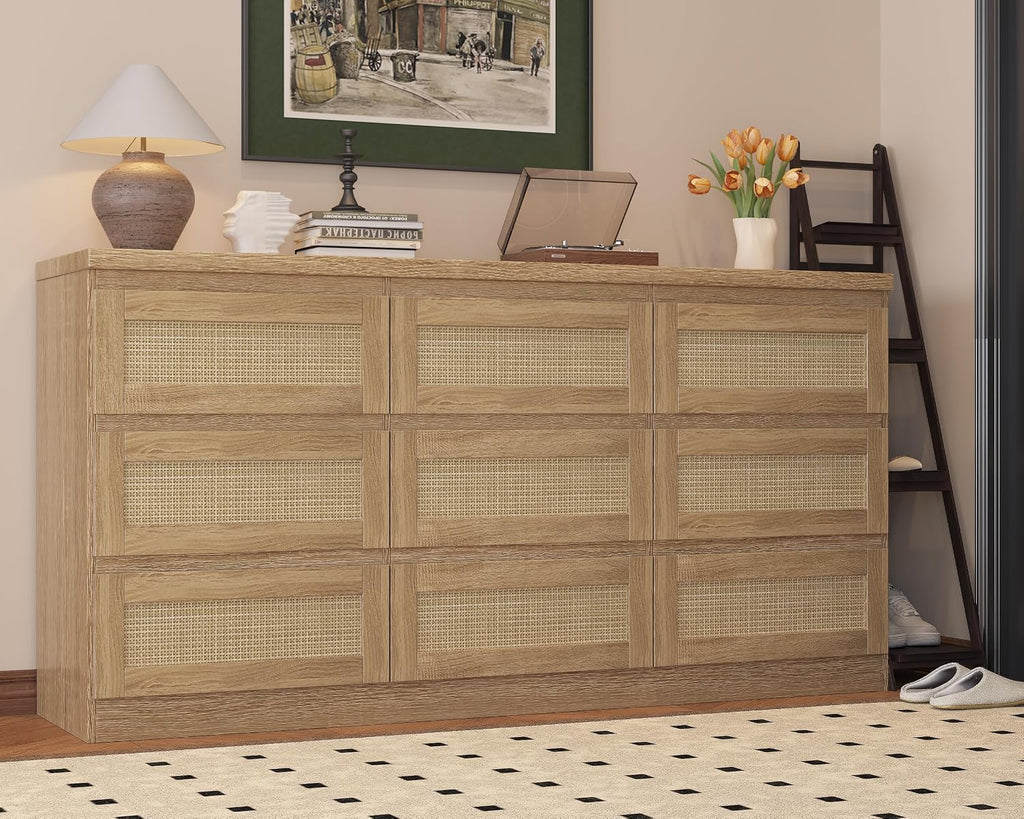 Dresser for Bedroom, Rattan 9 Drawer Dresser for Closet, Double Wood Dressers & Chest of Drawers for Nightstands, TV Stands, Living Room, Entryway, Hallway, Cloakroom