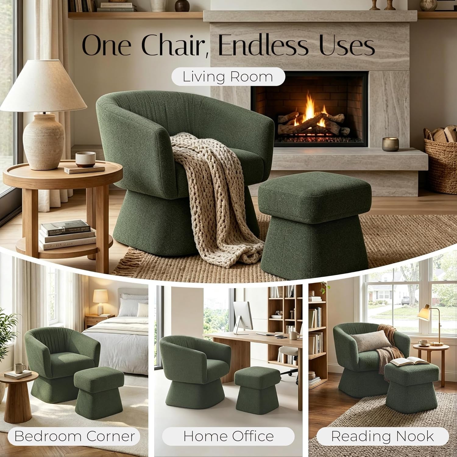Swivel Accent Chair with Ottoman, Upholstered Barrel Accent Chair, Modern Accent Chair with Pleated Backrest and Arms, Boucle Armchair for Living Room Bedroom, Green