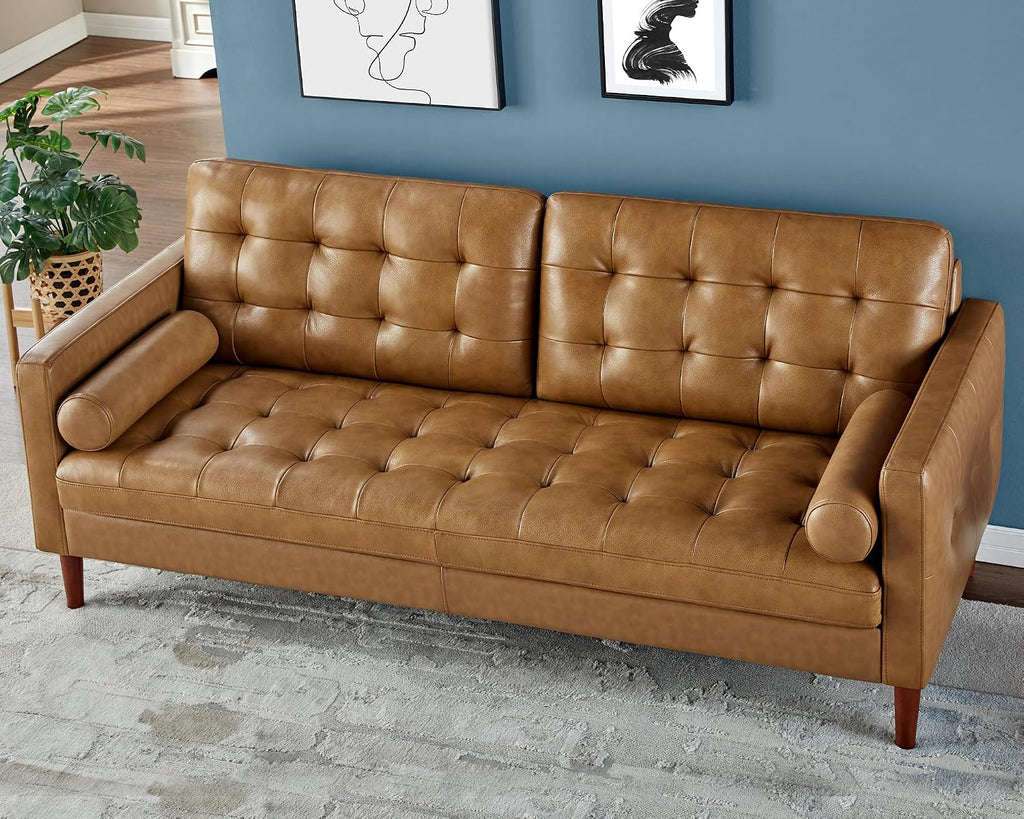 Leather Sofa, Modern Genuine Leather Sofa, 3 Seater Comfy Couch | Genuine Top Grain Leather, Mid Century Modern Sofa for Home Office & Living Room-Brown