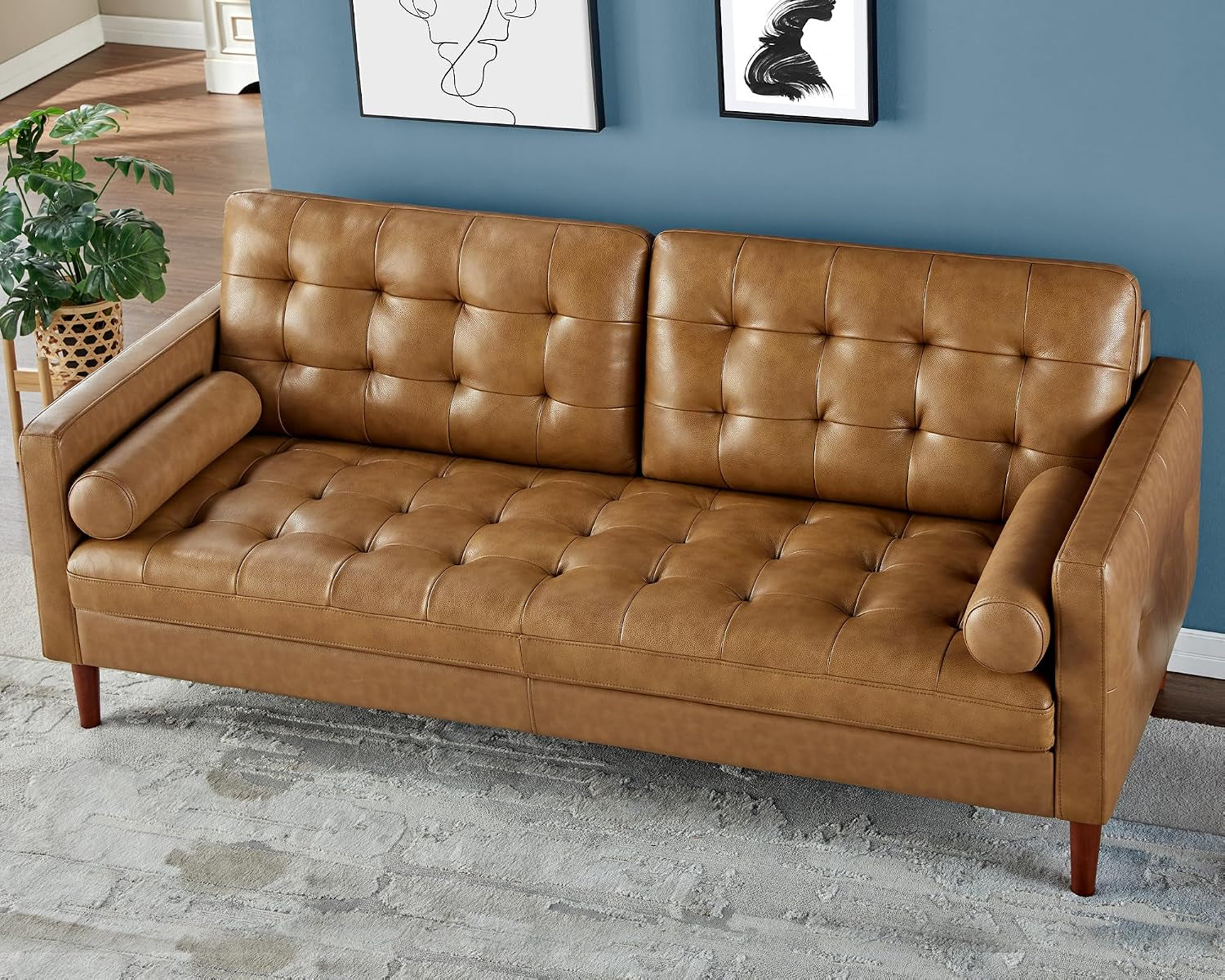 Leather Sofa, Modern Genuine Leather Sofa, 3 Seater Comfy Couch | Genuine Top Grain Leather, Mid Century Modern Sofa for Home Office & Living Room-Brown