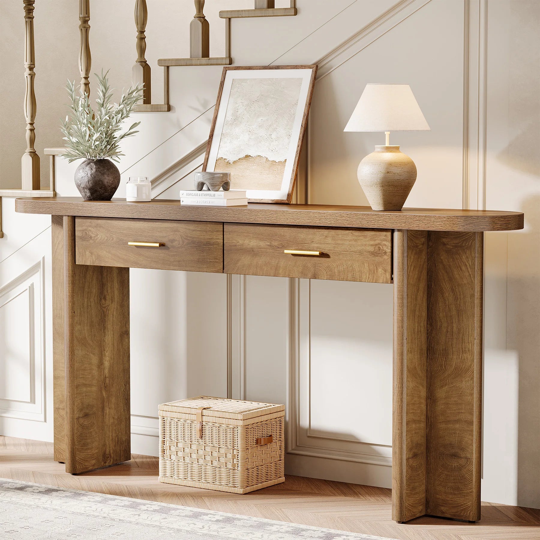 63-Inch Console Table with 2 Drawers, Farmhouse Oval Curved Entryway Table with Storage for Living Room, Hallway, Entrance, Brown