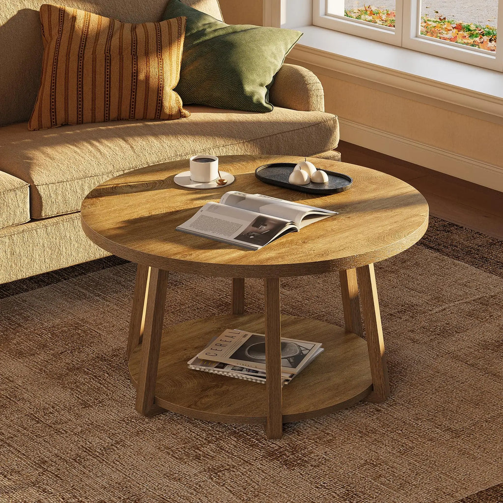 round Coffee Table, 2-Tier Center Table with Storage, Wooden Legs, for Living Room, Bedroom, Easy Assembly