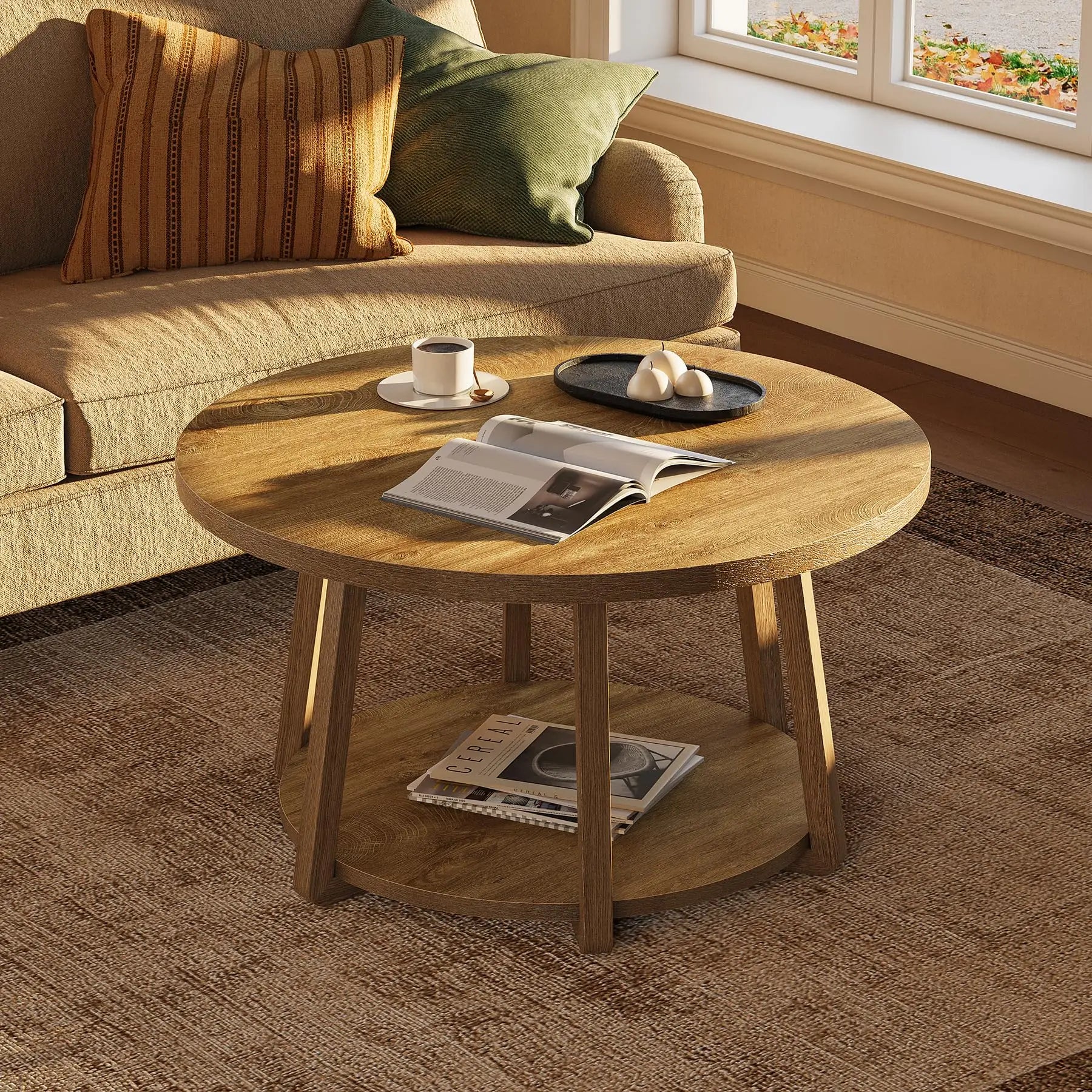 round Coffee Table, 2-Tier Center Table with Storage, Wooden Legs, for Living Room, Bedroom, Easy Assembly