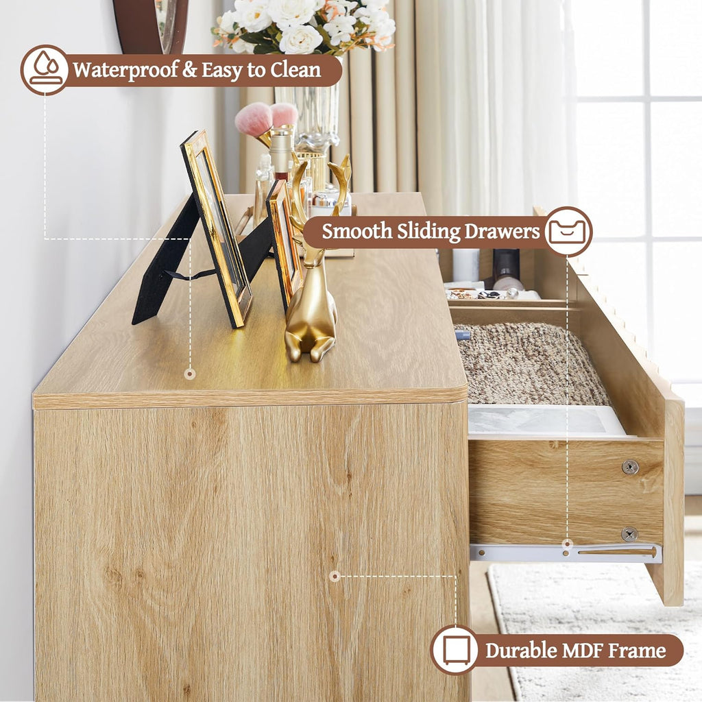 53" Wide Fluted 6 Drawer Dresser | Modern Storage Chest of Drawers, Wood Drawer Organizer for Bedroom, Living Room, Hallway