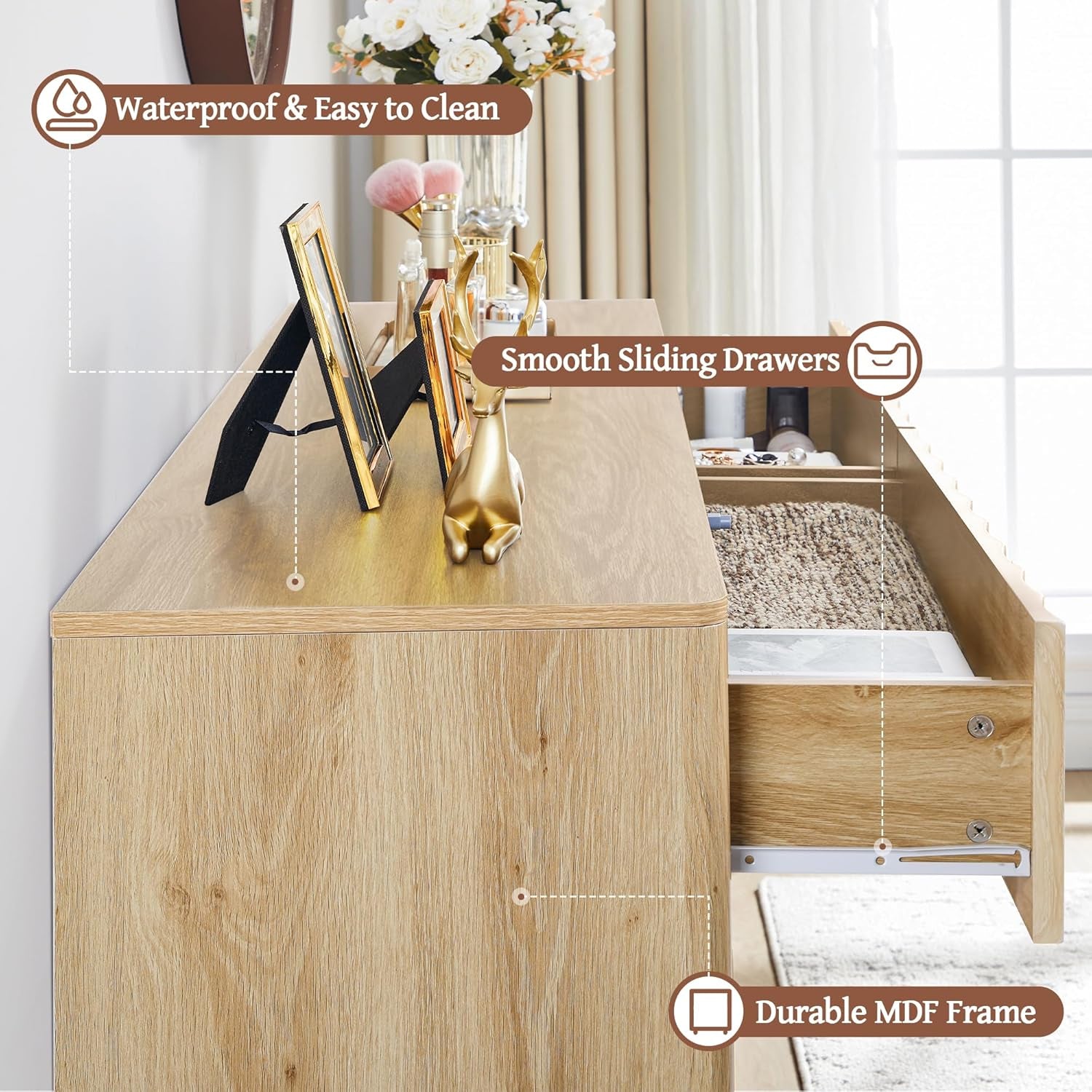 53" Wide Fluted 6 Drawer Dresser | Modern Storage Chest of Drawers, Wood Drawer Organizer for Bedroom, Living Room, Hallway