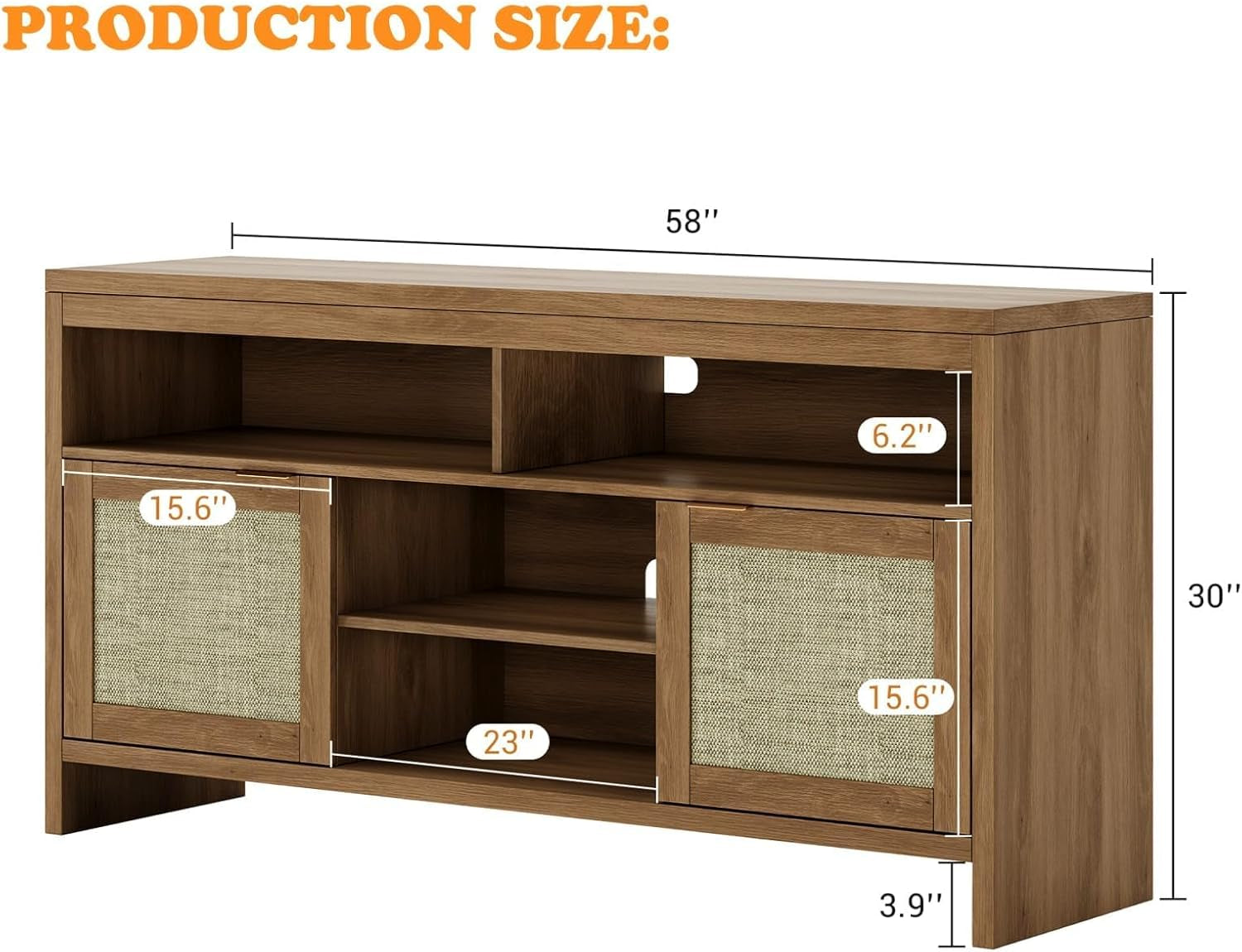 58 in Rattan TV Stand, Natural Oak Entertainment Center-Brown | for Tvs up to 65 Boho Style,Adjustable Shelves Storage,Wooden Console Cabinet for Living Room,Bedroom, Farmhouse