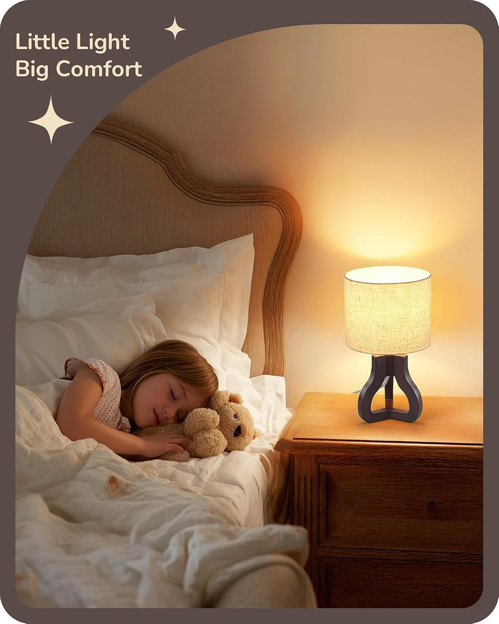 14.6" Small Table Lamp, Walnut Wood Nightstand Lamp, E26 Base | Beige Linen Shade, On-Off Line Switch, Tripod Base, Cute Bedside Lamp for Living Room, Bedroom, Office