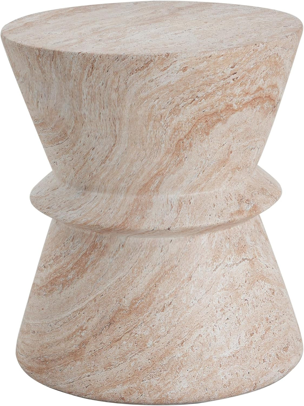 Outdoor Lightweight Concrete Side Table 15.5" Dx18 H Hourglass round Indoor Accent Table Weather Resistant End Table for Patio, No Assembly Required, Travertine Finish, Beige
