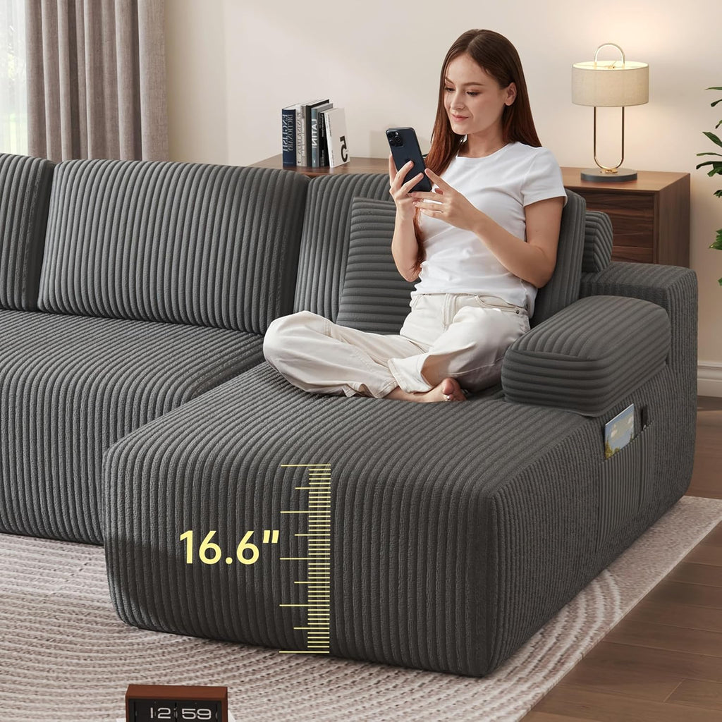 126" Oversized Cloud Couch, U-Shaped Boneless Sectional with Deep Seat Gray | Deep Seat Modular Sofa, Corduroy Boneless Sofa with Chaise, No Assembly Required