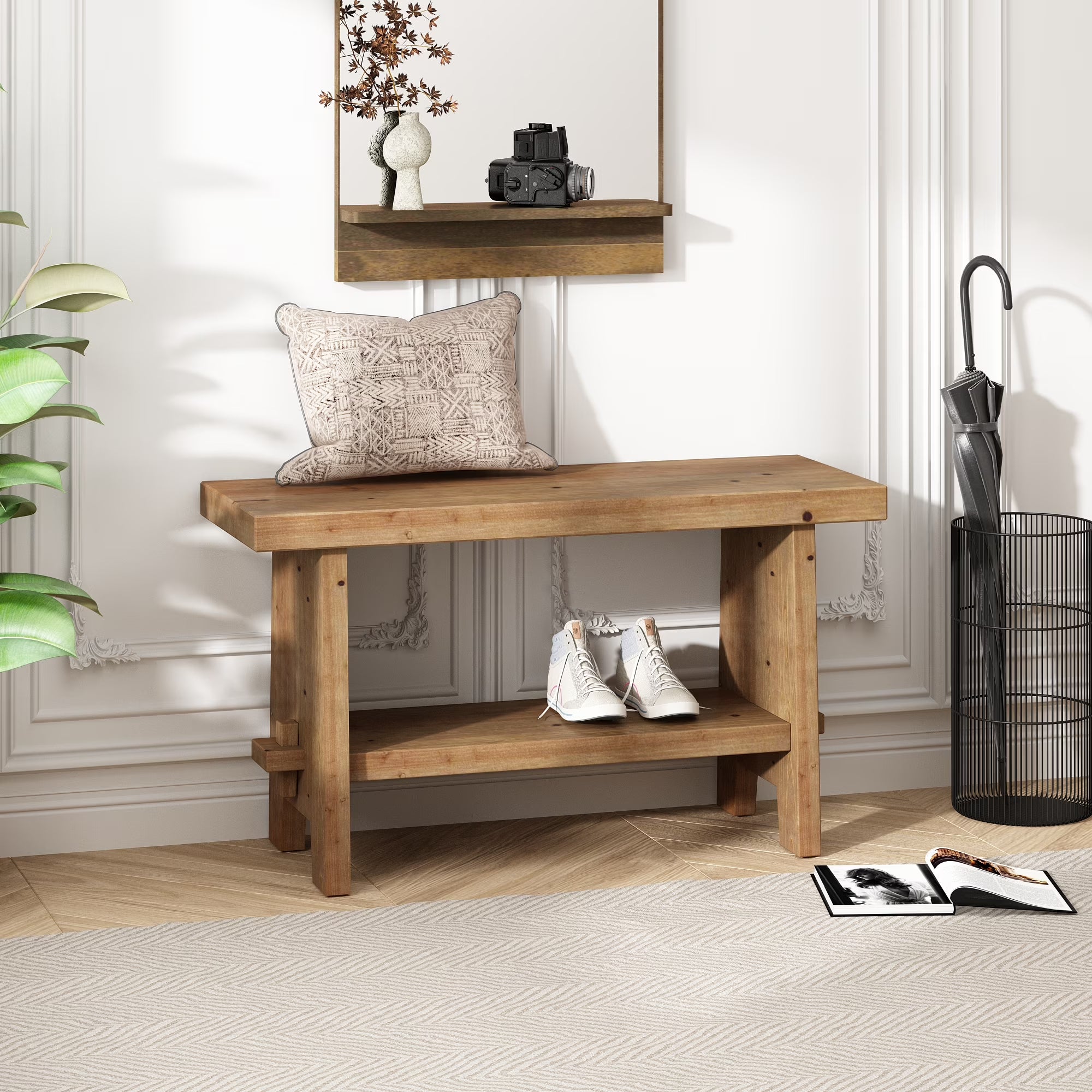 31.5'' Farmhouse Solid Wood Entryway Bench, Small Shoe Bench with Shelf for Indoor Bedroom